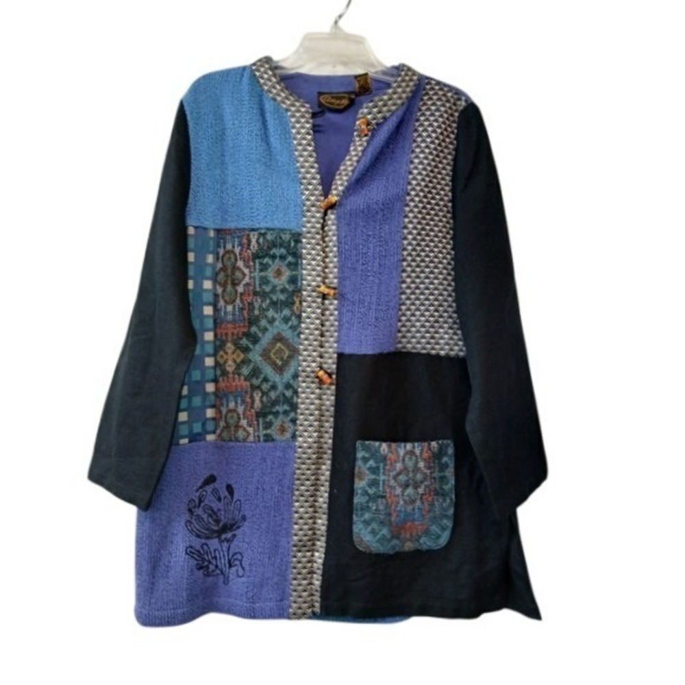 Vintage Alex Kim Art To Wear Patchwork‎ Tunic Jacket L Blue Tapestry Boho
